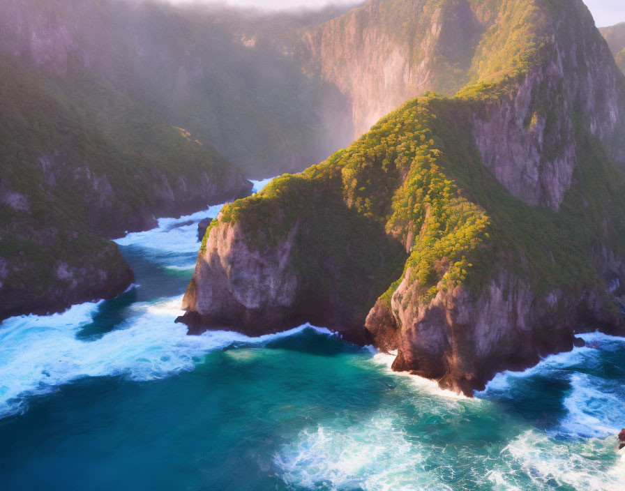 Sunlit rugged coastline with green cliffs and crashing waves