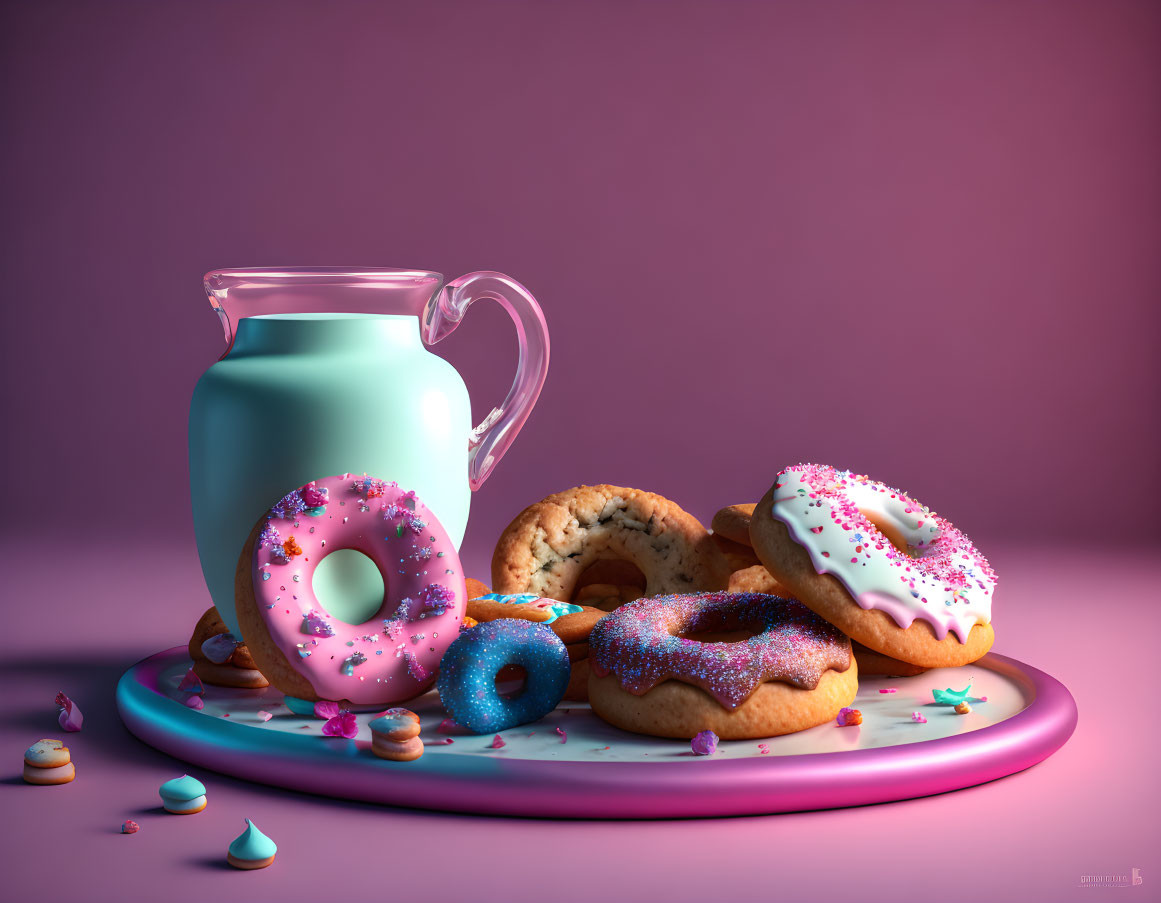 Vibrant still-life with turquoise pitcher, assorted donuts, and candy on pink tray.