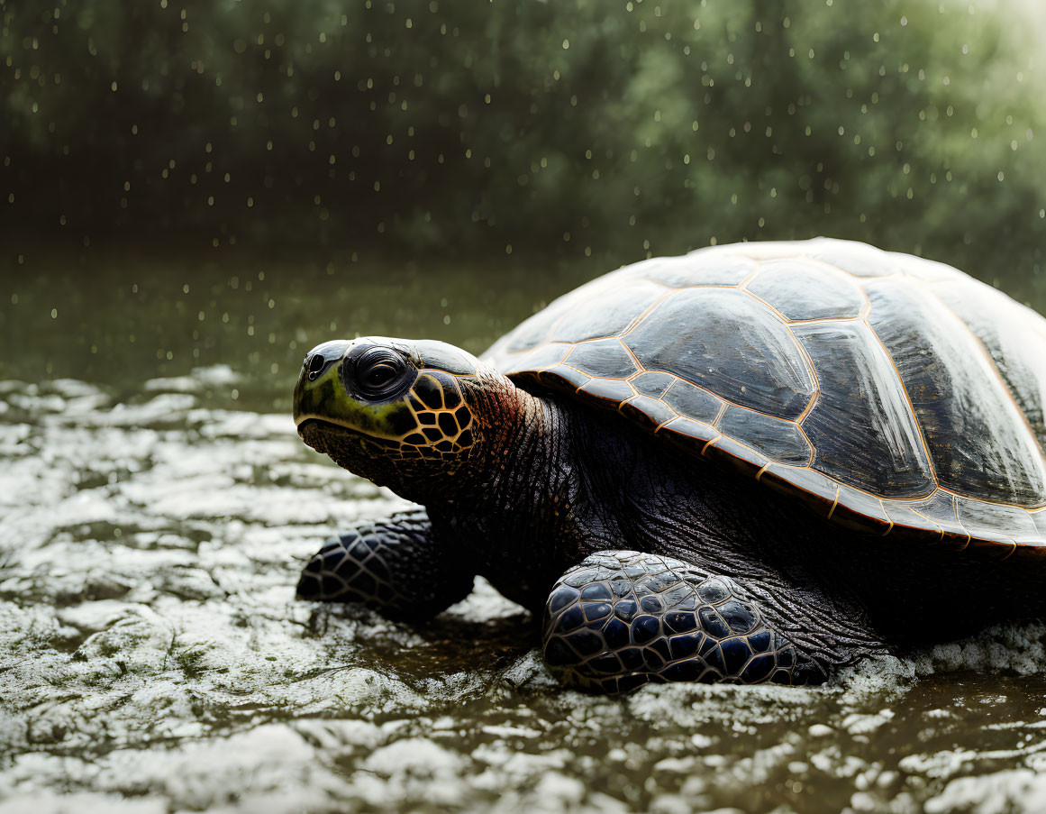 Dark-shelled turtle on mossy ground with rain droplets.