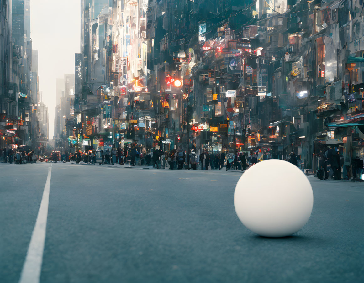 Surreal city street scene with white sphere and urban hustle