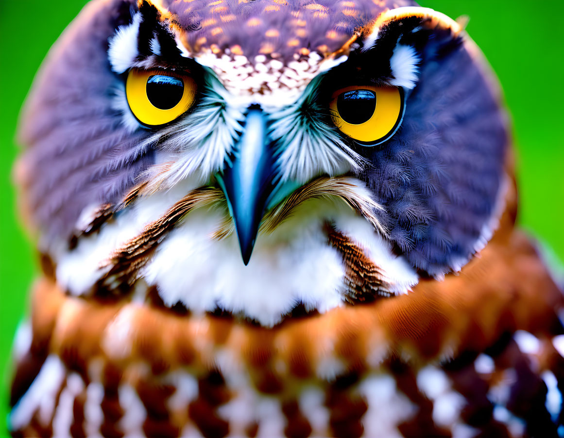 Detailed Close-Up of Owl with Piercing Yellow Eyes and Brown & White Plumage on Green Background