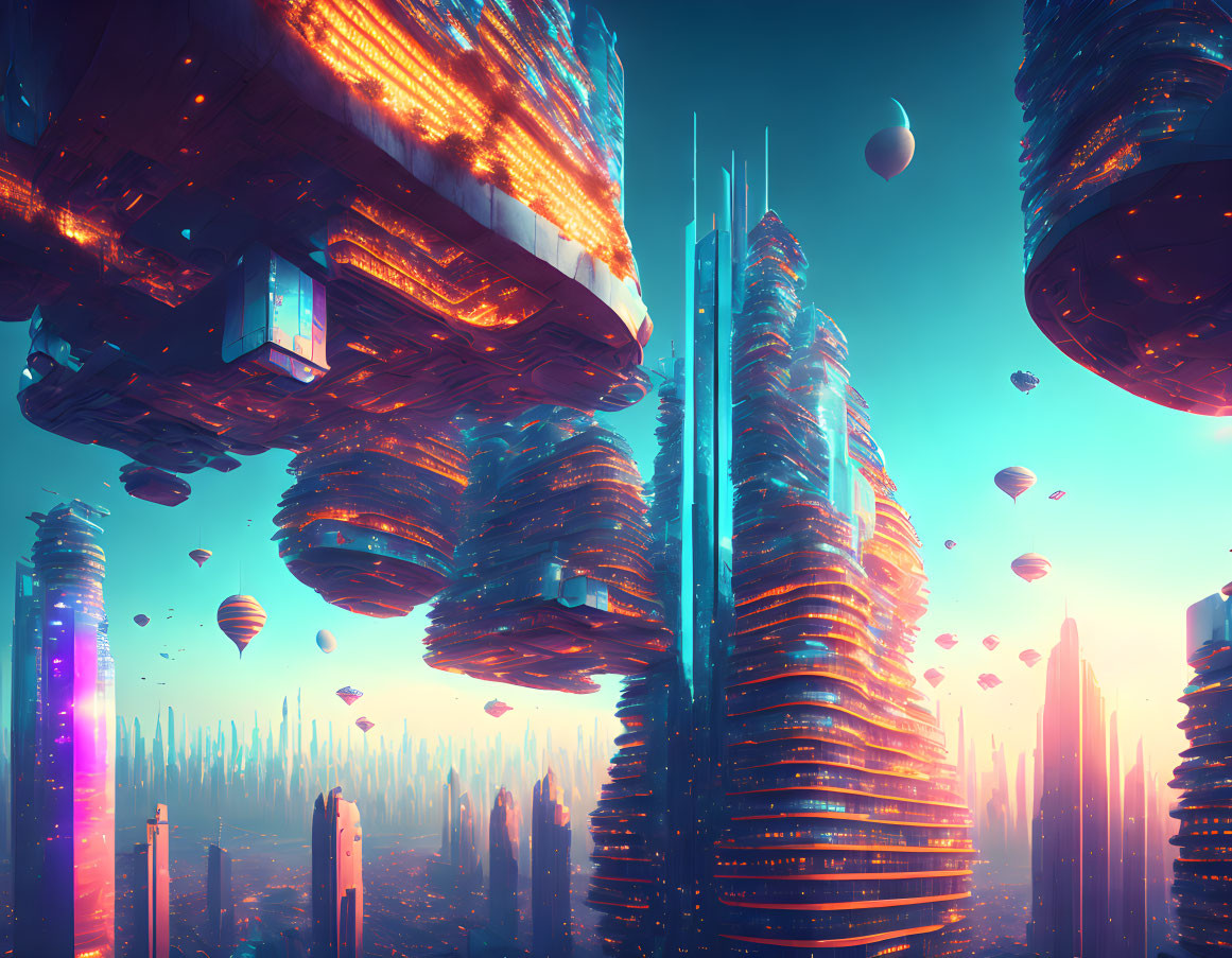 Futuristic cityscape with floating buildings and airships in vibrant sky