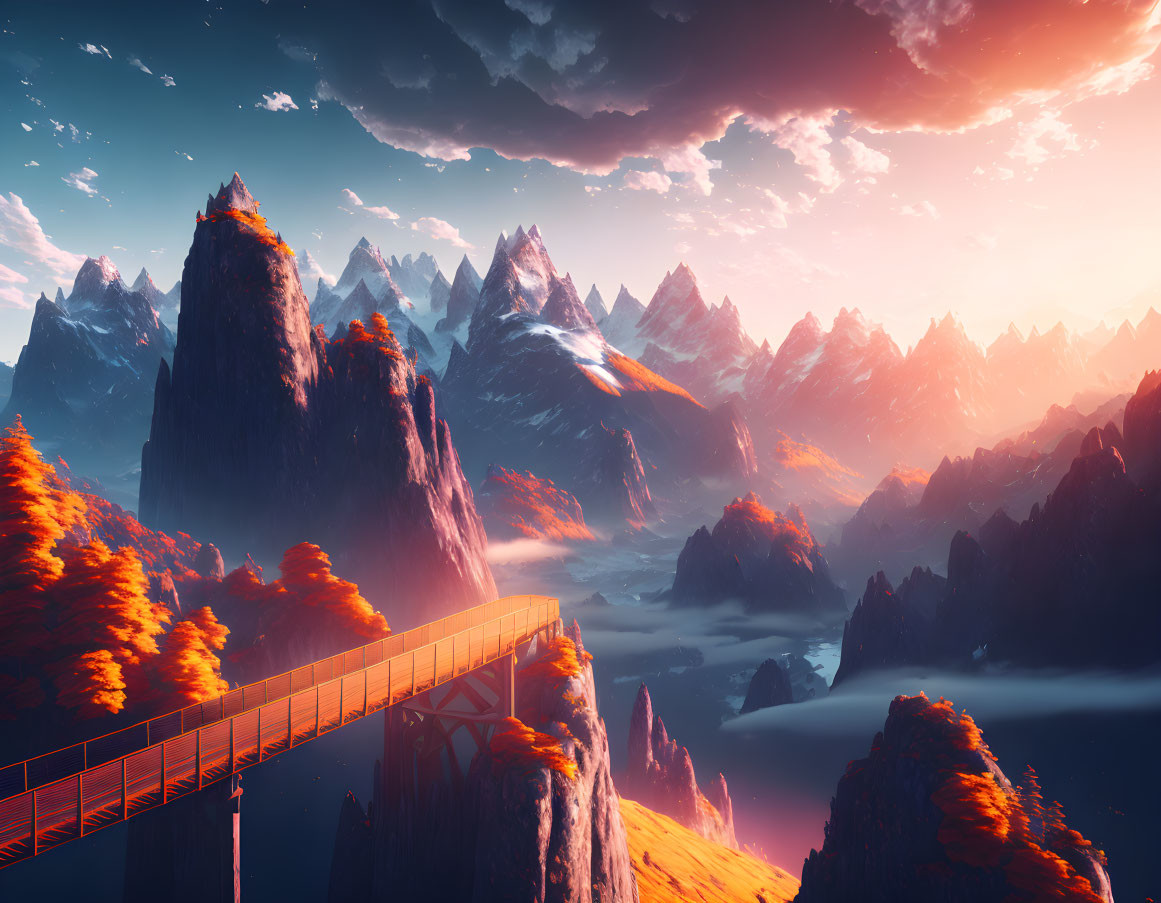 Scenic landscape with wooden bridge, misty chasm, mountains, and orange sky