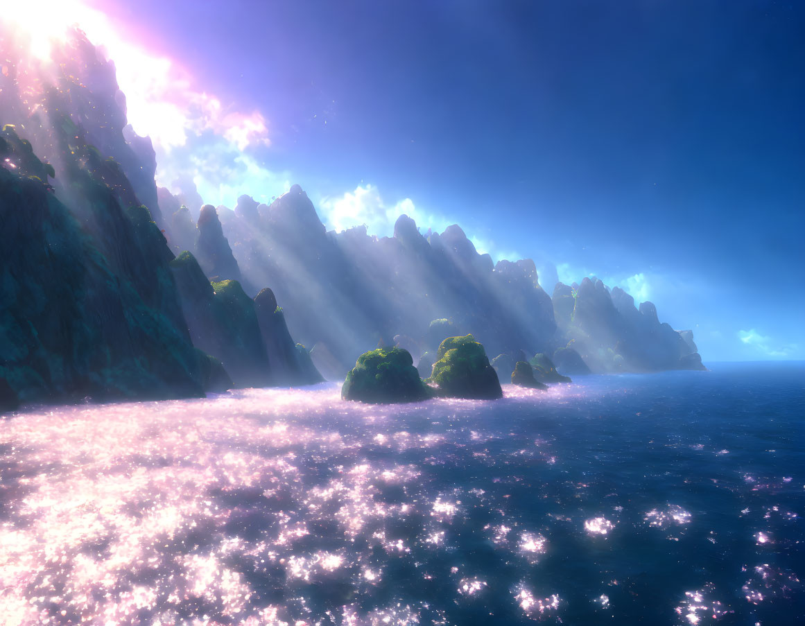 Ethereal seascape: sunbeams, mist, cliffs, calm wonder