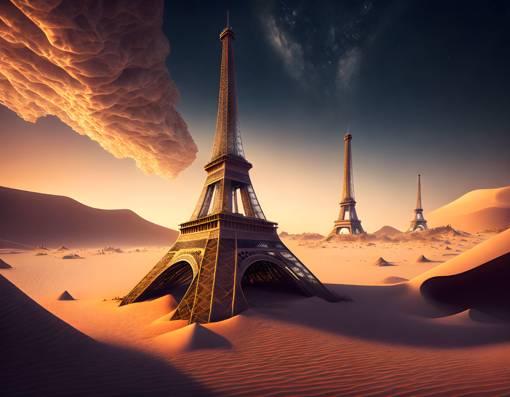 Surreal desert landscape with multiple Eiffel Towers and dramatic sky