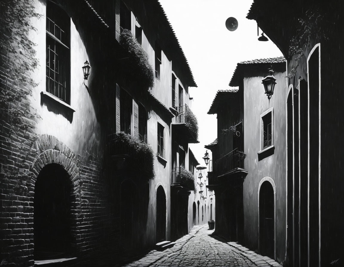 Historic cobblestone alley with old European buildings under a surreal moon.