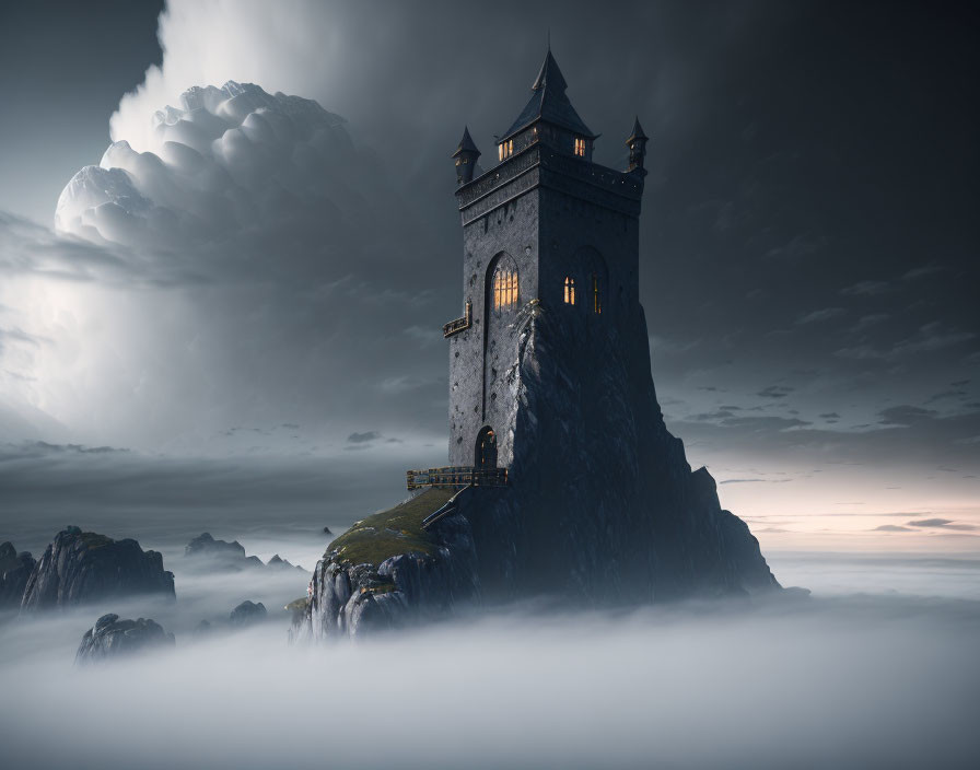 Solitary tower on steep rock surrounded by clouds at dusk