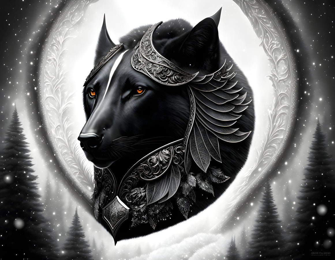 Black wolf in metallic armor in snowy forest with ornate design