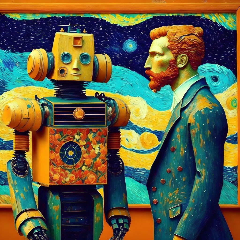 Stylized robot and sunflower figure with Van Gogh-inspired character in starry background