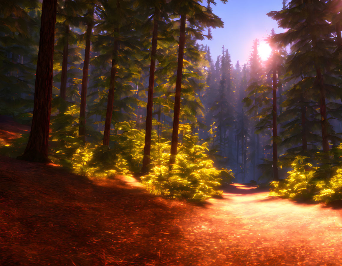 Dense forest sunlight illuminates golden foliage