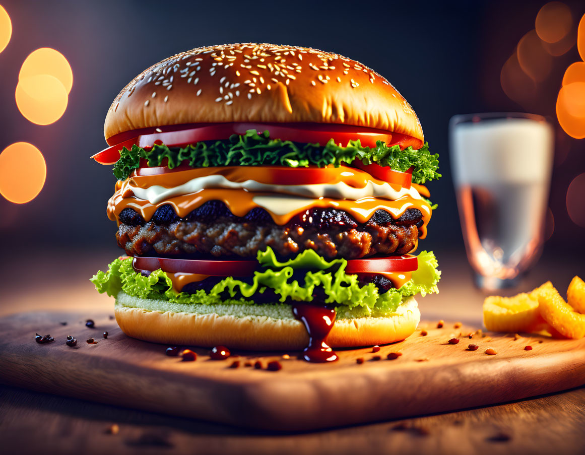 Classic Cheeseburger Meal with Fries and Drink on Bokeh Background