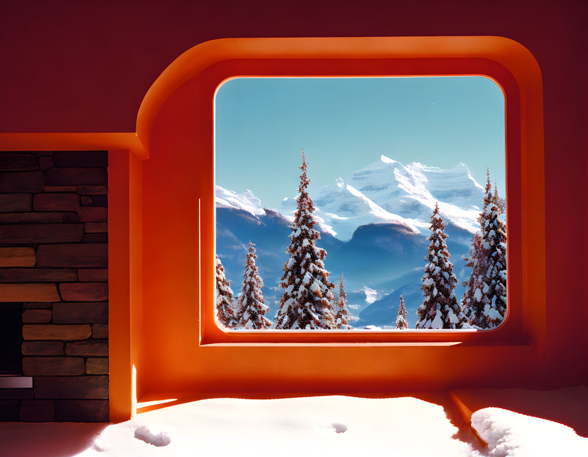 Mountain lodge interior with large window showcasing snowy landscape and evergreen trees