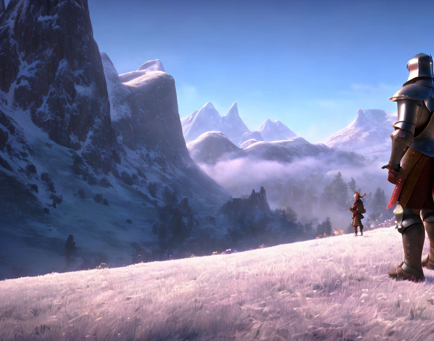 Armored knights in frosty mountain landscape gazing at snow-covered peaks