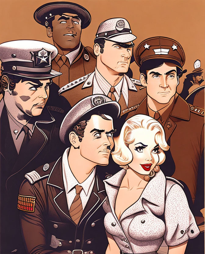 Vintage military-themed illustration of five stylized characters in uniforms.