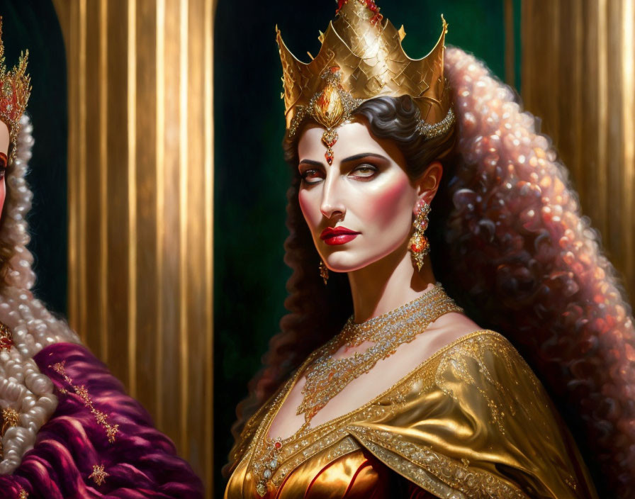 Regal woman in golden crown and robe with pearl earrings beside purple velvet curtain