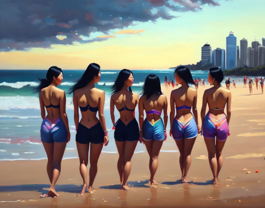 Group of Six Women Walking on Sunny Beach with City Skyline in Background