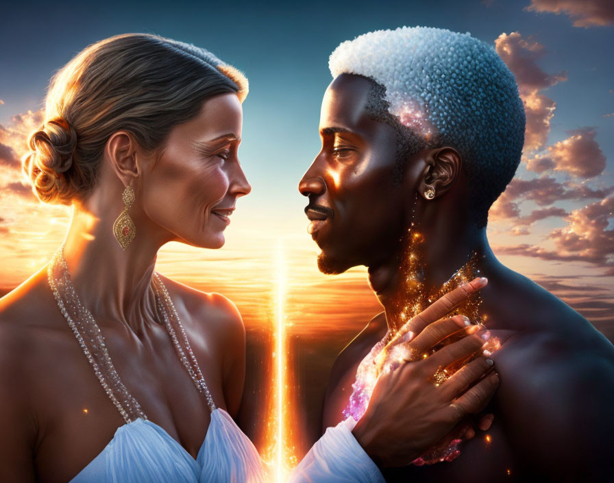 Man and woman digital artwork close together with glittering skin and jewelry at sunset