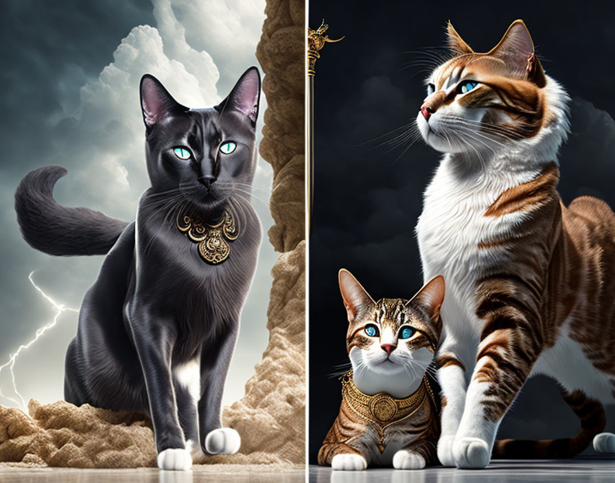 Digital artwork of three majestic cats with gold accessories under dramatic sky