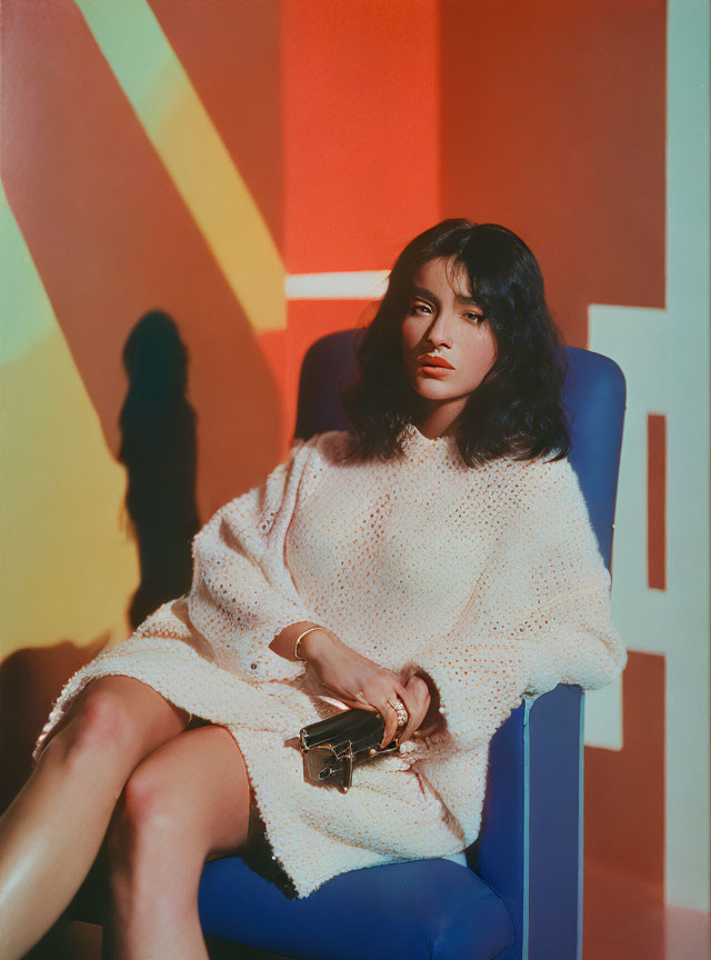 Woman in white knit dress sitting in blue chair with geometric shadows background