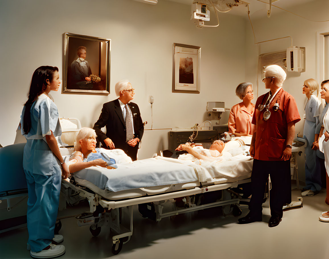 Medical professionals and visitor around patient's bed in hospital room with portrait