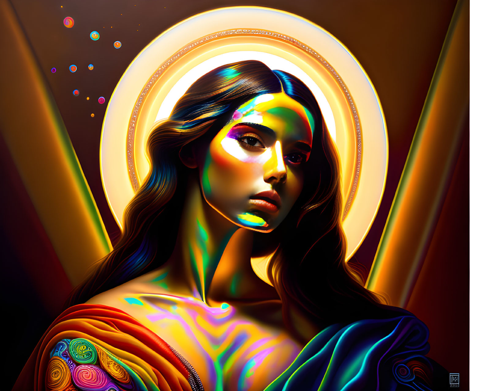 Vibrant digital artwork of a glowing woman in warm colors