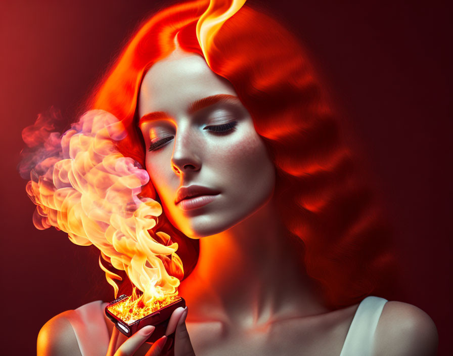 Fiery red-haired woman holding mystical smoke on dark red background