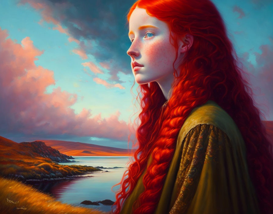 Red-Haired Woman in Green Dress with Sunset Coastal Landscape