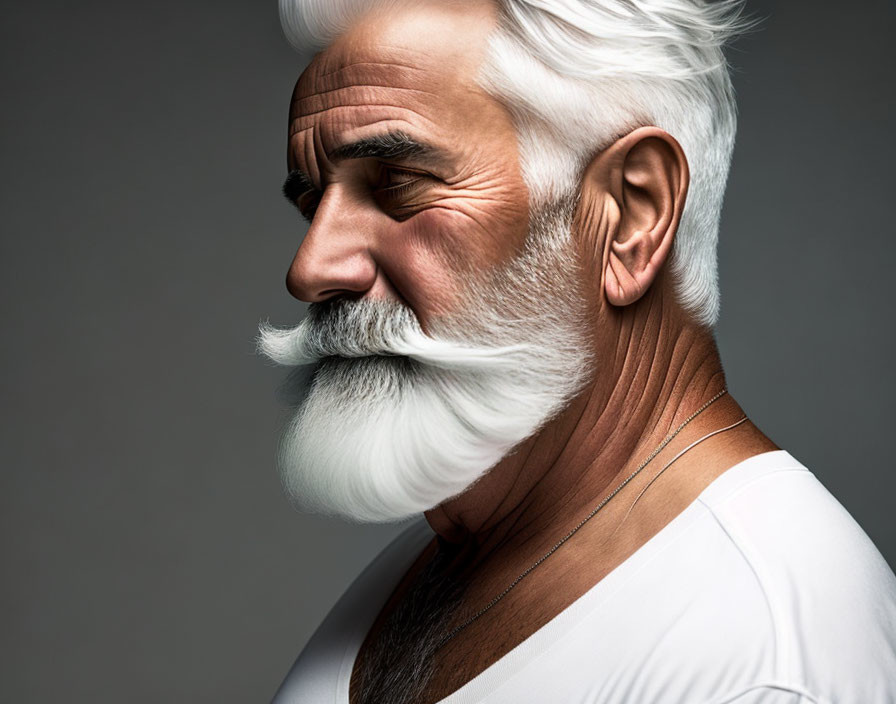 Elderly man with thick white facial hair in side profile on gray background