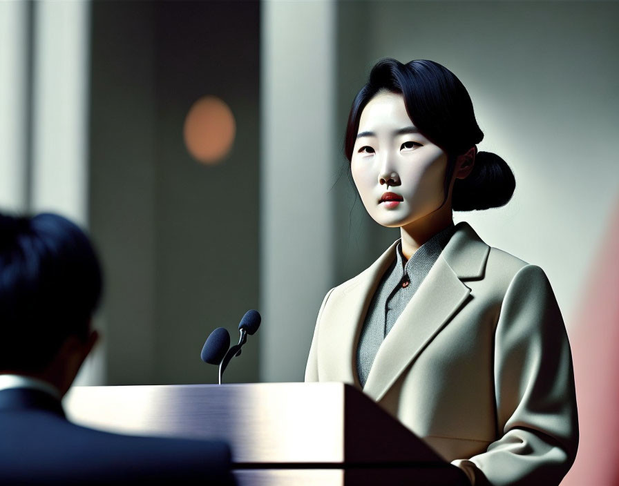 Woman in beige coat at podium with microphones, person in foreground