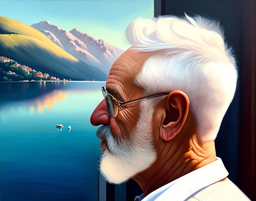 Elderly man with white hair and beard gazes at serene lake and mountains.