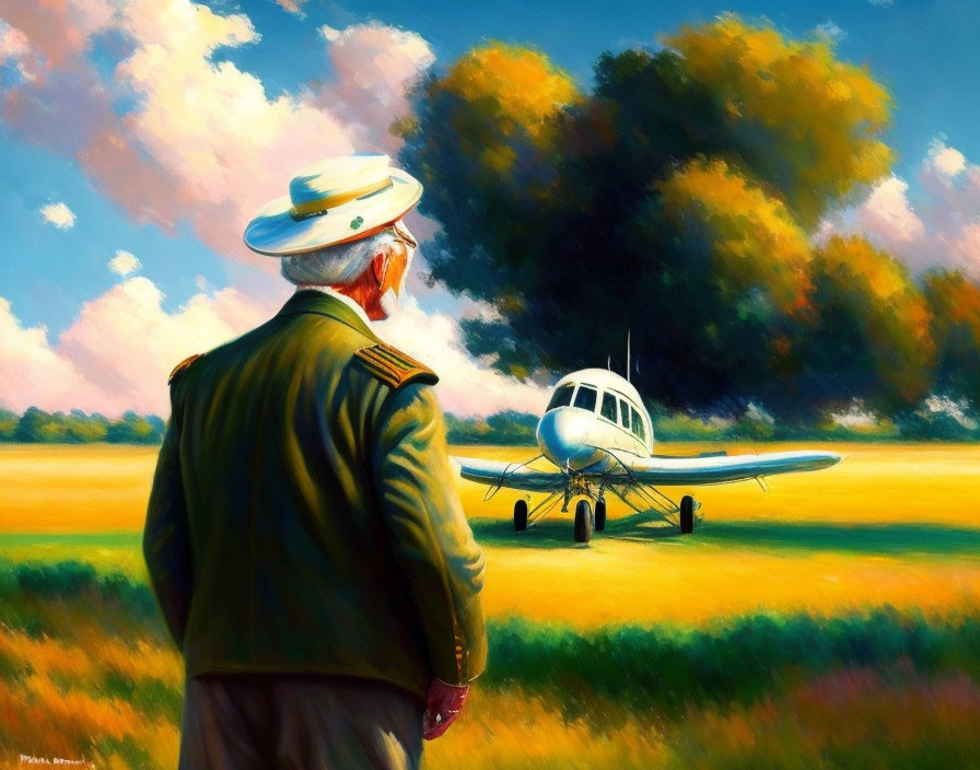 Elderly pilot in green uniform gazes at small white airplane in sunlit field