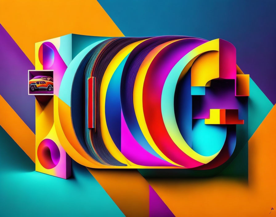 Colorful 3D artwork featuring "Google" word with abstract shapes and miniature car