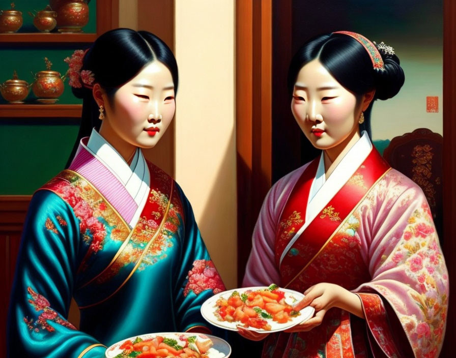 Traditional Korean hanbok-clad women holding food plates indoors with detailed architectural background.