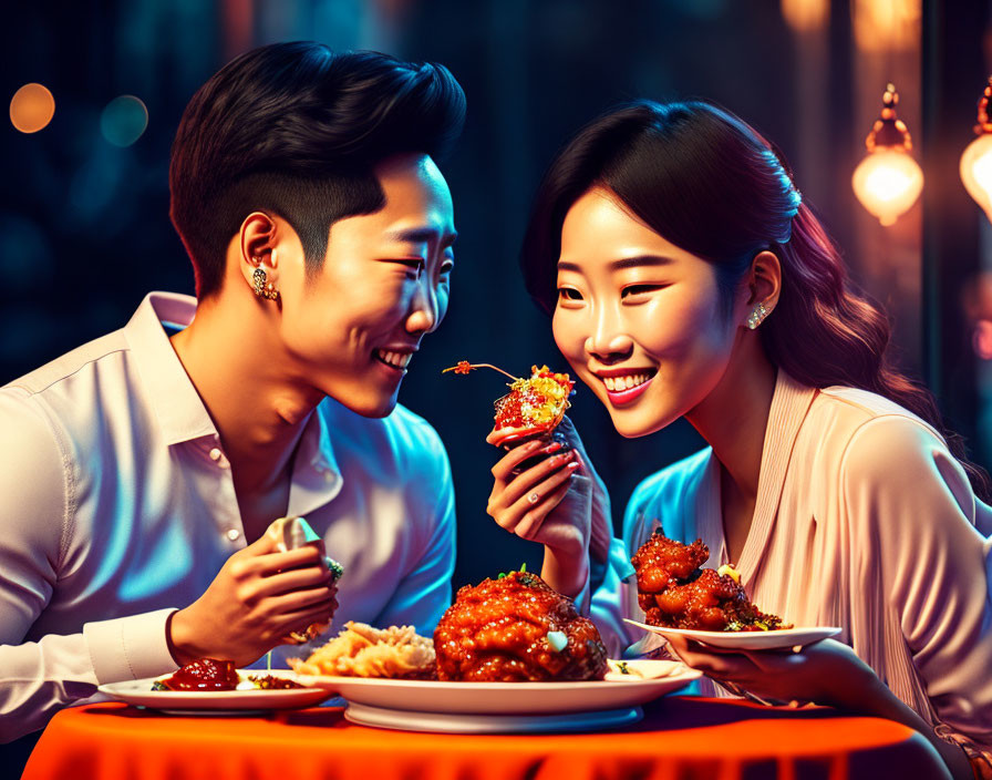 Romantic dinner with cheerful couple in warm, ambient-lit setting