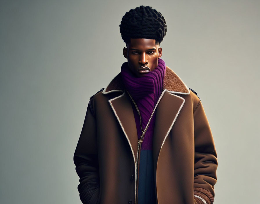 Fashionable man in brown coat and purple scarf poses with prominent hair