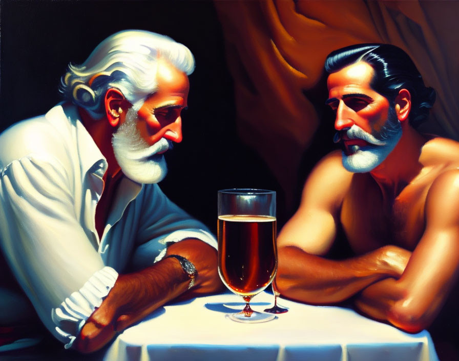 Muscular, Bearded Men in Classical Painting Style with Glass of Amber Liquid