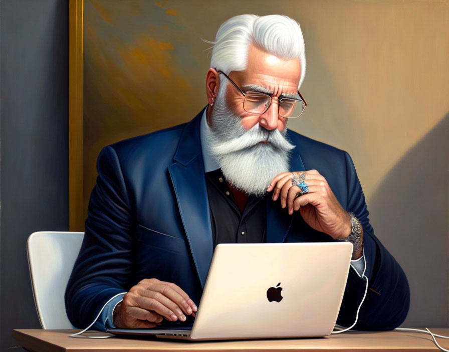 Elderly man in blue suit with white beard and glasses working on laptop