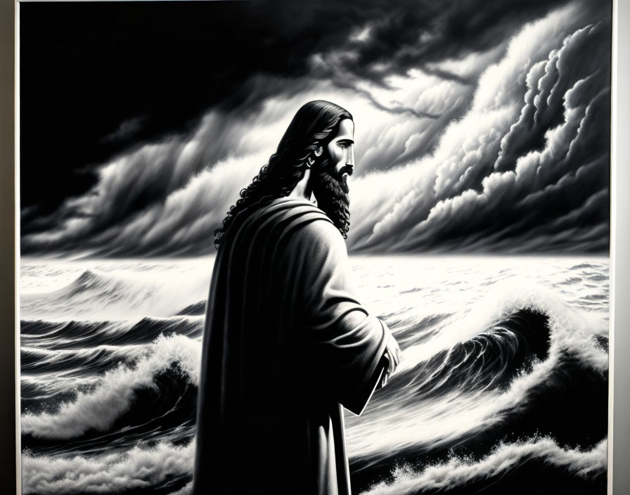 Serene figure in monochromatic art with ocean waves and cloudy sky