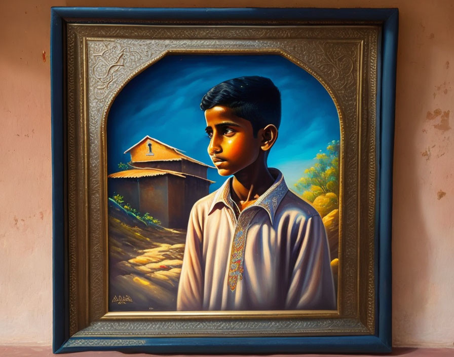 Framed painting of young boy in profile against rural backdrop