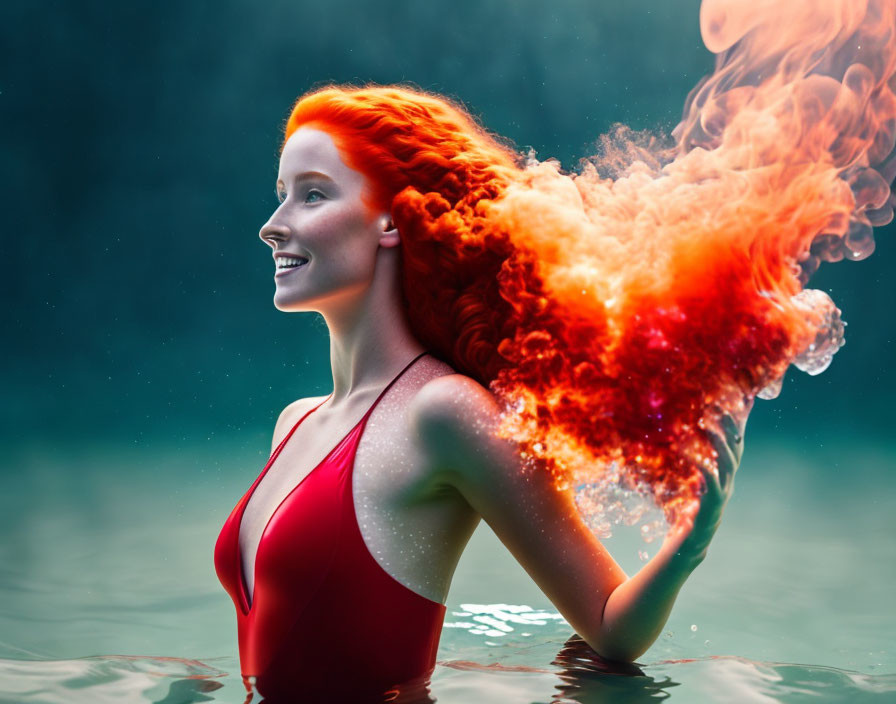 Fiery red-haired woman in red swimsuit partially submerged in water