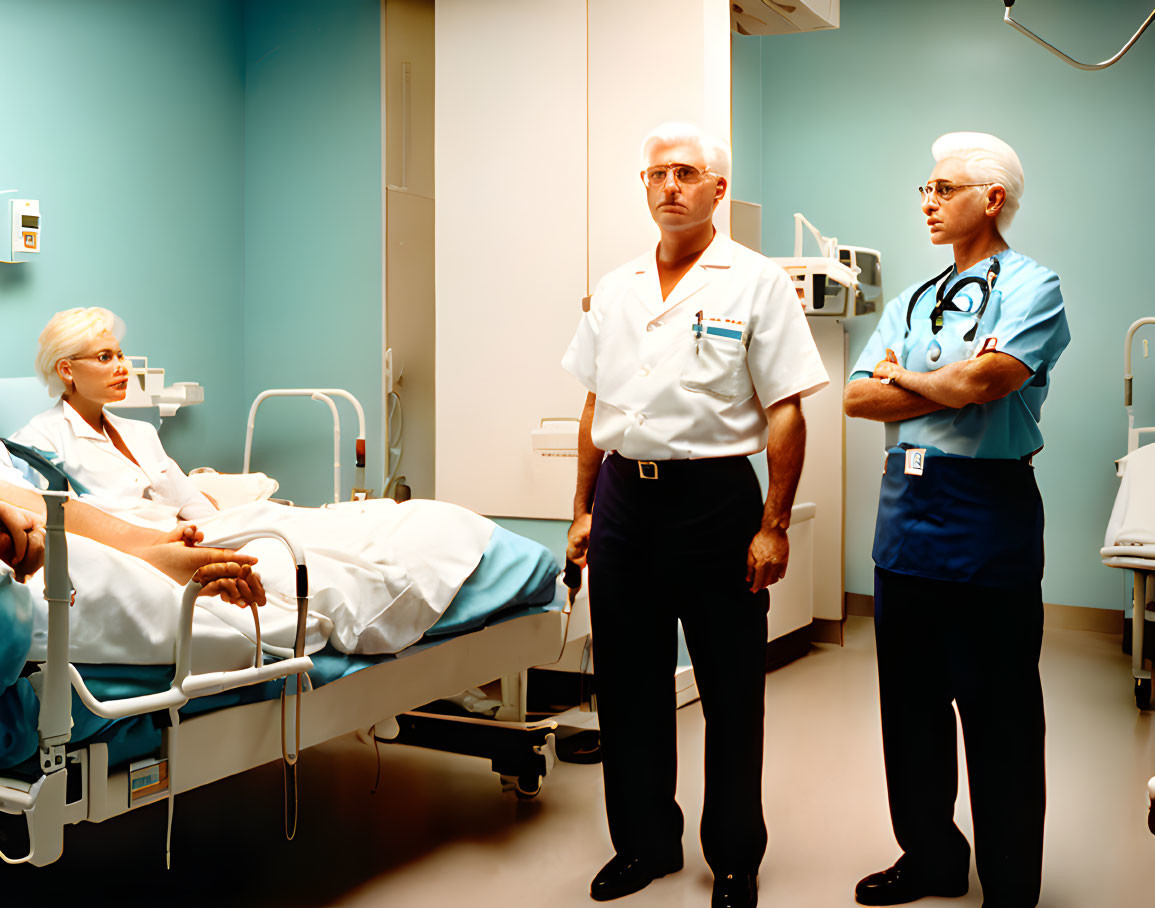 Healthcare professionals around patient in hospital bed.