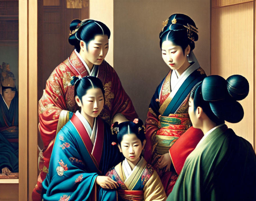 Group of five individuals in traditional Japanese attire in historical setting.