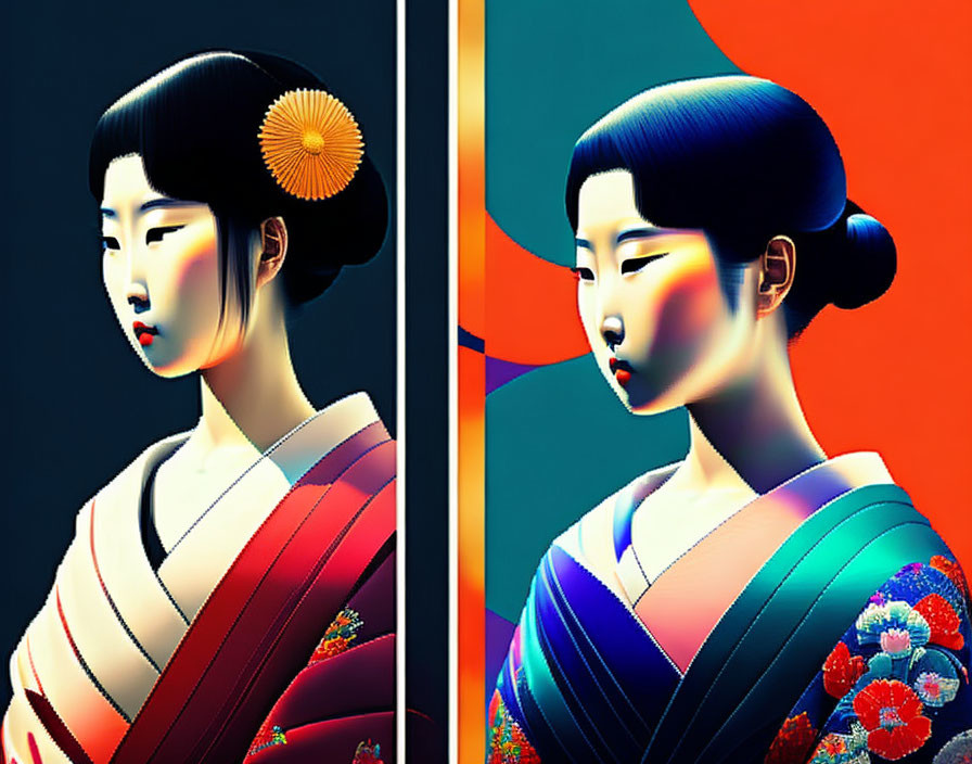 Colorful digital artwork: Two stylized women in Japanese attire