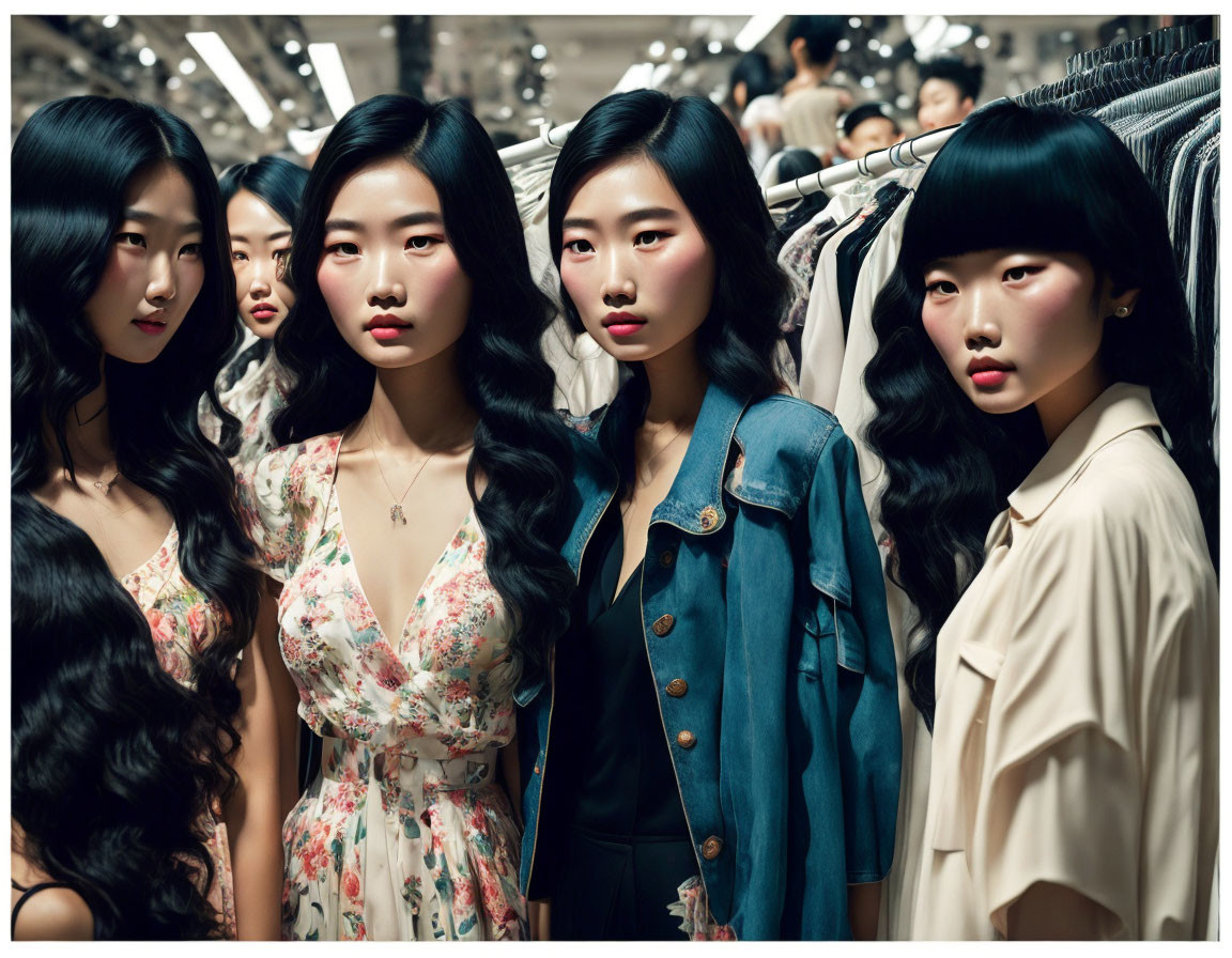 Four stylishly dressed women with various hairstyles in a clothing store