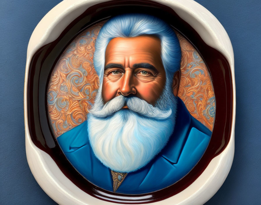 Portrait of man with white beard and blue suit on ornate blue background