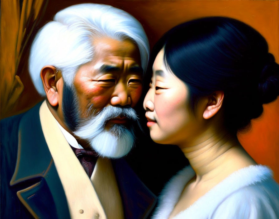 Oil painting: Elderly man with white beard and young Asian woman sharing tender gaze