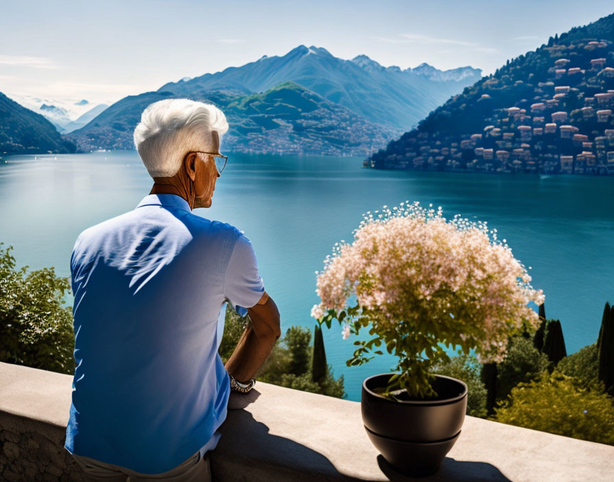 Elderly man in blue shirt gazes at lake from balcony