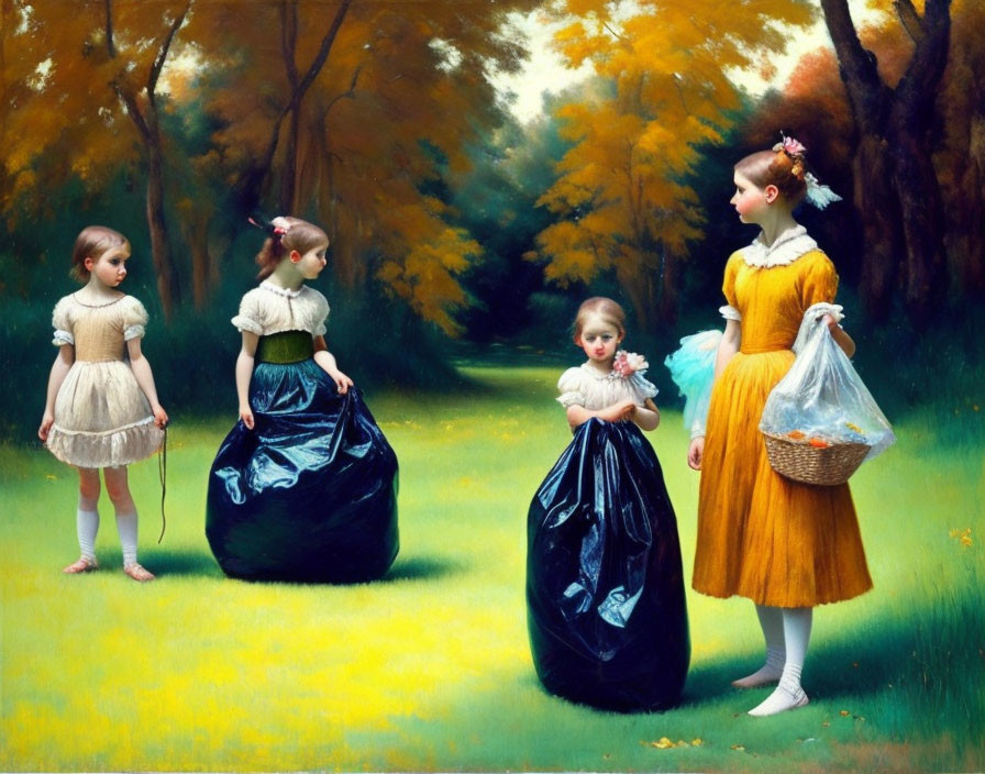 Four young girls in vintage clothing cleaning up trash in a forest