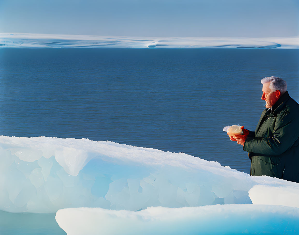 Elderly man on ice formation overlooking calm sea with floating ice