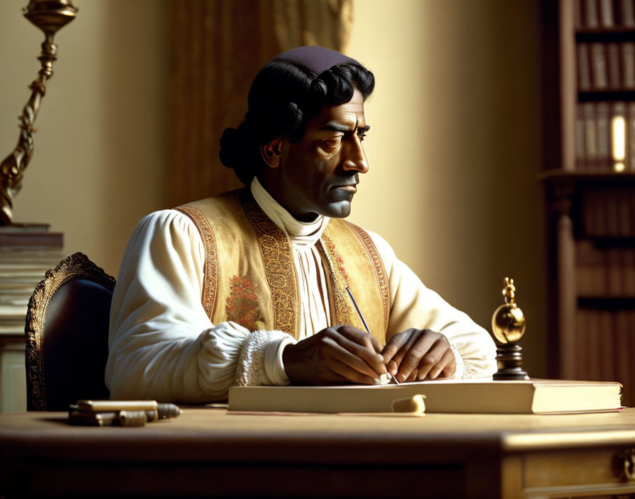 Historical man writing with quill pen at wooden desk